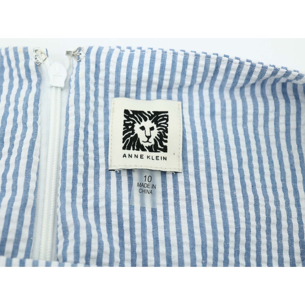 Anne Klein Seersucker A Line Dress Blue White Striped Belted Summer 10 - Picture 10 of 10